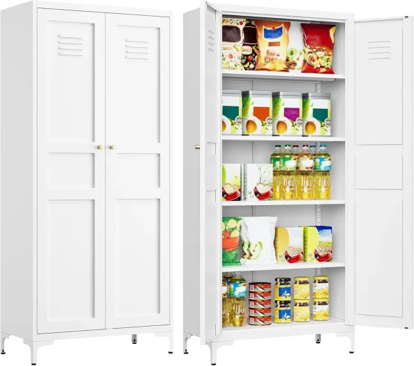 Storage Cabinet with Doors and Shelves,White Storage Cabinet,Food Pantry Storage Cabinet,5 Tier Metal Pantry Cabinet,Tall Large