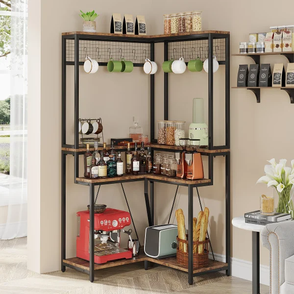 Tribesigns Corner Baker’s Rack for Kitchen, Kitchen Storage Rack with 15 Hanging Hooks, and 8 Shelves