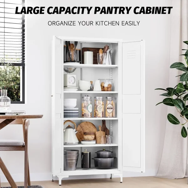 Storage Cabinet with Doors and Shelves,White Storage Cabinet,Food Pantry Storage Cabinet,5 Tier Metal Pantry Cabinet,Tall Large - Image 5