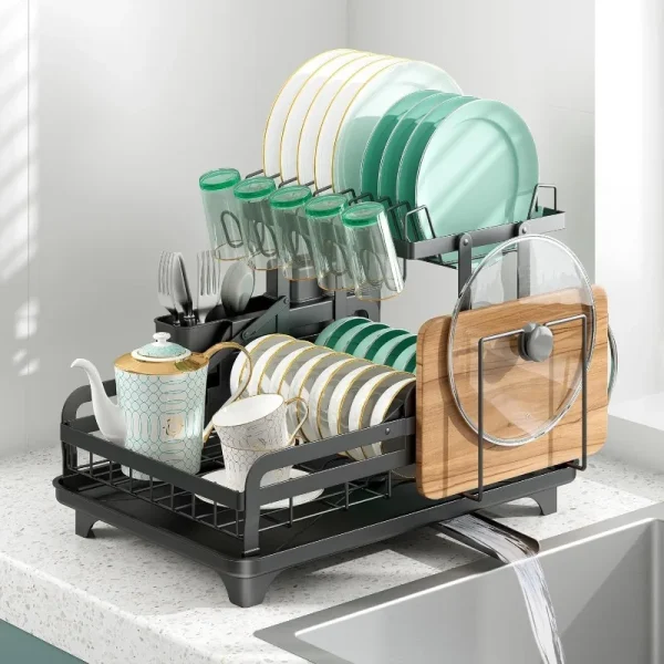 2Tier Metal Dish Drying Rack Without Installation Sturdy Dish Racks for Kitchen Counter with Drain Board Multifunctional Storage - Image 6