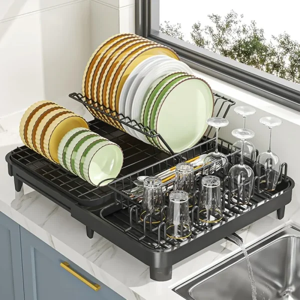 2Tier Metal Dish Drying Rack Without Installation Sturdy Dish Racks for Kitchen Counter with Drain Board Multifunctional Storage - Image 3