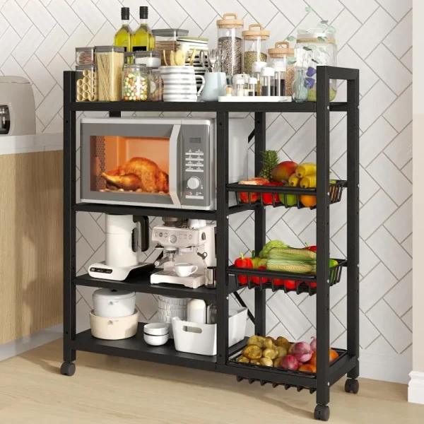 Storage Shelves, Adjustable 4-Tier Kitchen Shelves with 3 Wire Baskets, Kitchen Organizers and Storage, Metal Shelf Rack