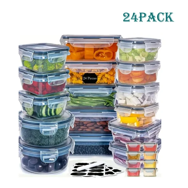 24pcs Kitchen Storage Container Set – Reusable Plastic Bins with Flip Lids