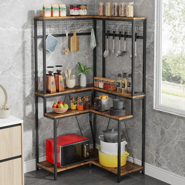 Tribesigns Corner Baker’s Rack for Kitchen, Kitchen Storage Rack with 15 Hanging Hooks, and 8 Shelves - Image 3