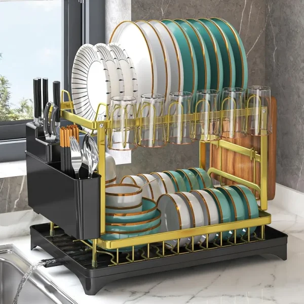 2Tier Metal Dish Drying Rack Without Installation Sturdy Dish Racks for Kitchen Counter with Drain Board Multifunctional Storage - Image 8