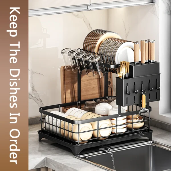 1 Or 2-Tier Space-Saving Kitchen Dish Drying Rack, Multifunctional Dish Rack, Rustproof Kitchen Dish Drying Rack With Drainboard - Image 2