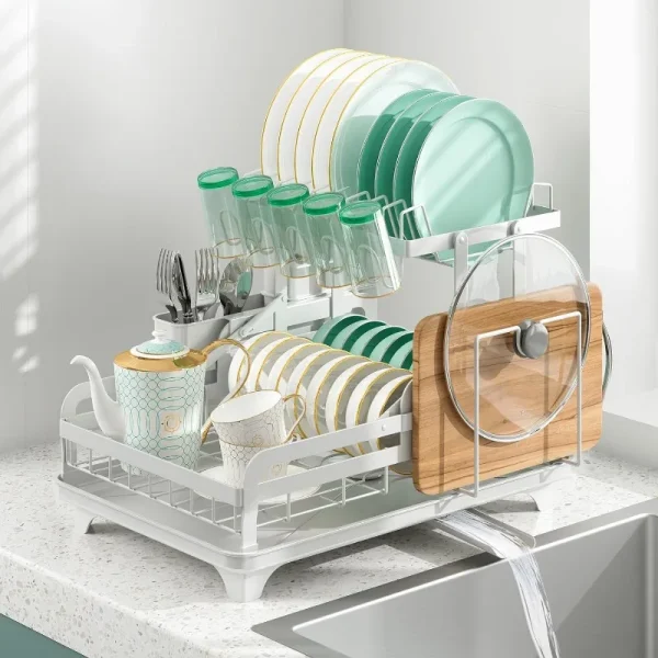 2Tier Metal Dish Drying Rack Without Installation Sturdy Dish Racks for Kitchen Counter with Drain Board Multifunctional Storage - Image 10