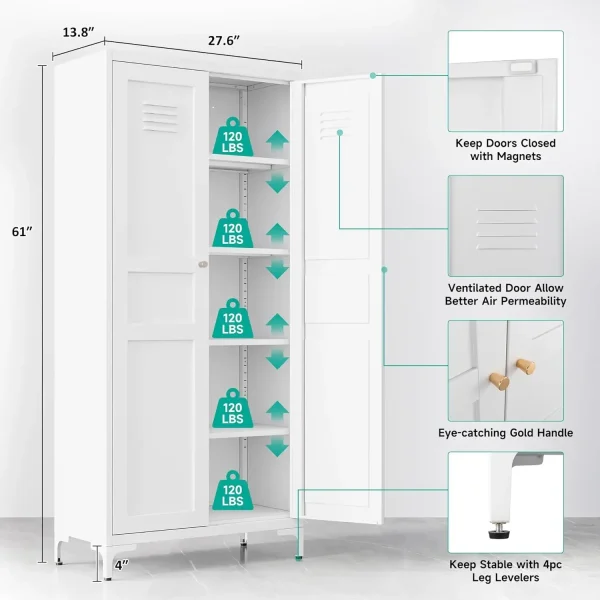 Storage Cabinet with Doors and Shelves,White Storage Cabinet,Food Pantry Storage Cabinet,5 Tier Metal Pantry Cabinet,Tall Large - Image 6