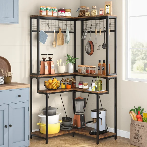 Tribesigns Corner Baker’s Rack for Kitchen, Kitchen Storage Rack with 15 Hanging Hooks, and 8 Shelves - Image 5