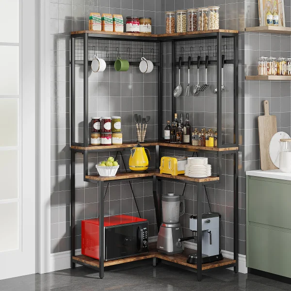 Tribesigns Corner Baker’s Rack for Kitchen, Kitchen Storage Rack with 15 Hanging Hooks, and 8 Shelves - Image 2