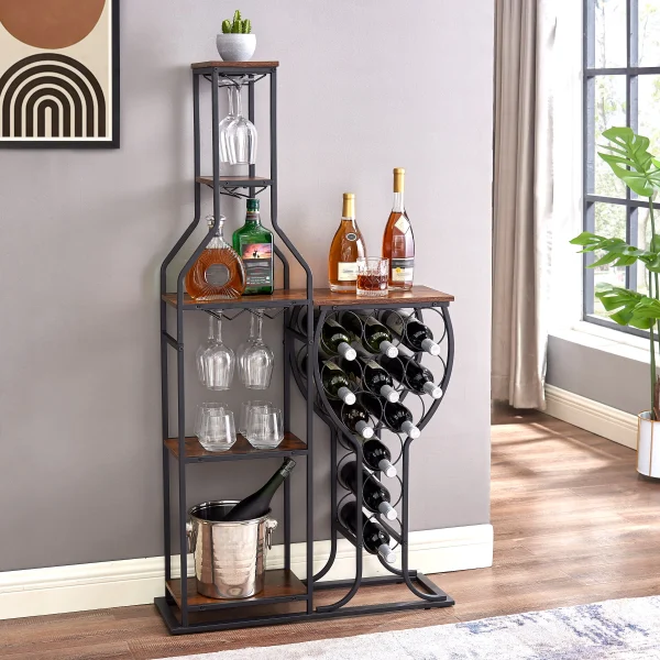 11 Bottle Wine Bakers Rack, 5 Tier Freestanding Wine Rack Hanging Wine Glass Holder and Storage Shelves for Kitchen, Dining Room - Image 2