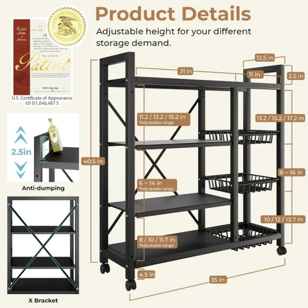 Storage Shelves, Adjustable 4-Tier Kitchen Shelves with 3 Wire Baskets, Kitchen Organizers and Storage, Metal Shelf Rack - Image 2